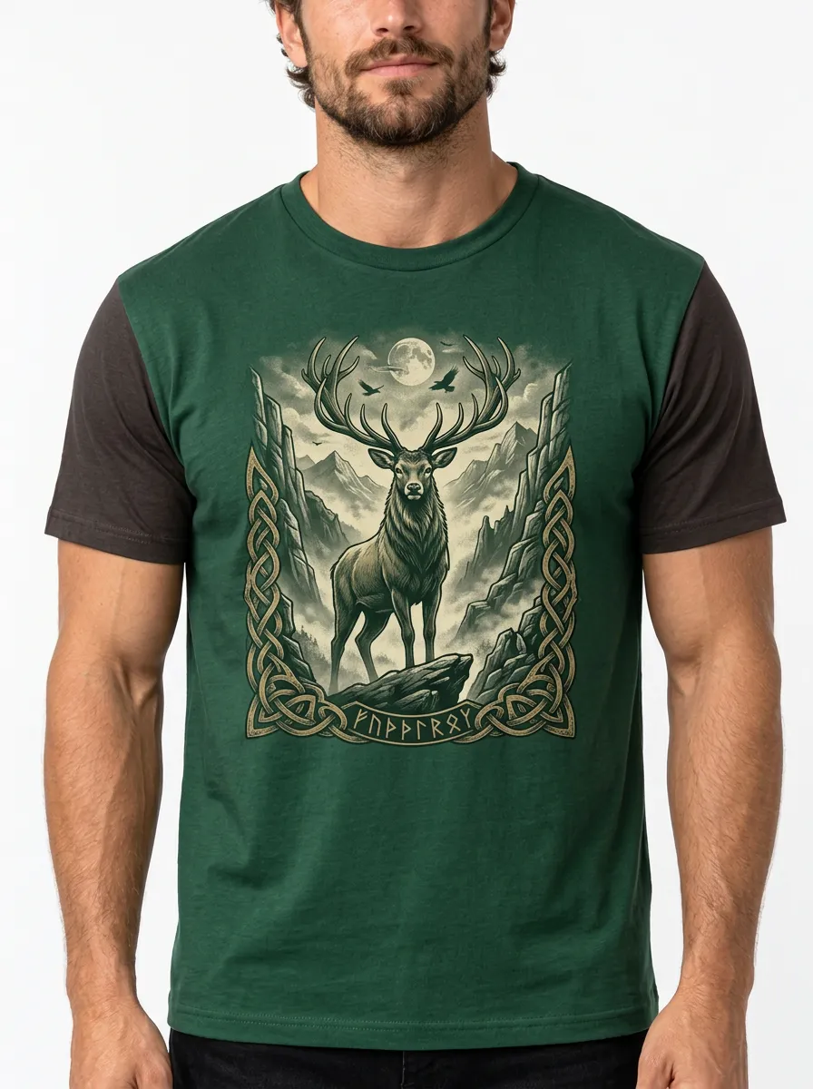 Men's Stag Crew-Neck Short-Sleeve Chest-Sleeve Forest Mountain Knotwork T-Shirt