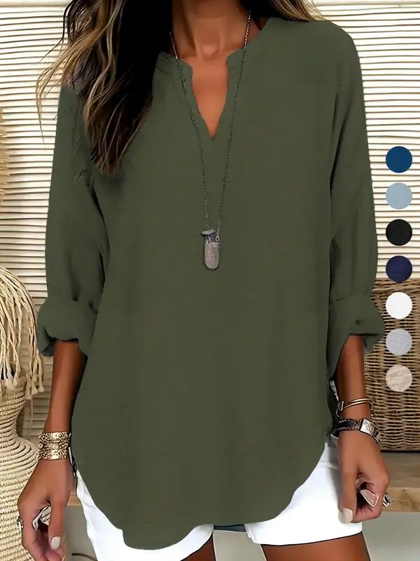 Women's Plain Notched Neck Drop Shoulder Blouse