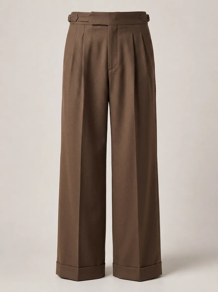 Men's Brown Pleated Wide Leg Tailored Trousers