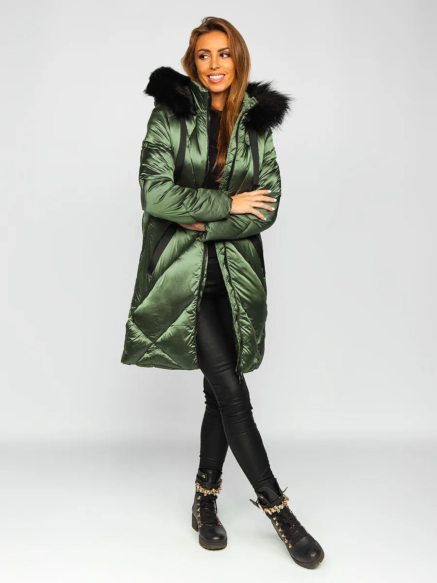 women's green quilted winter jacket with hood