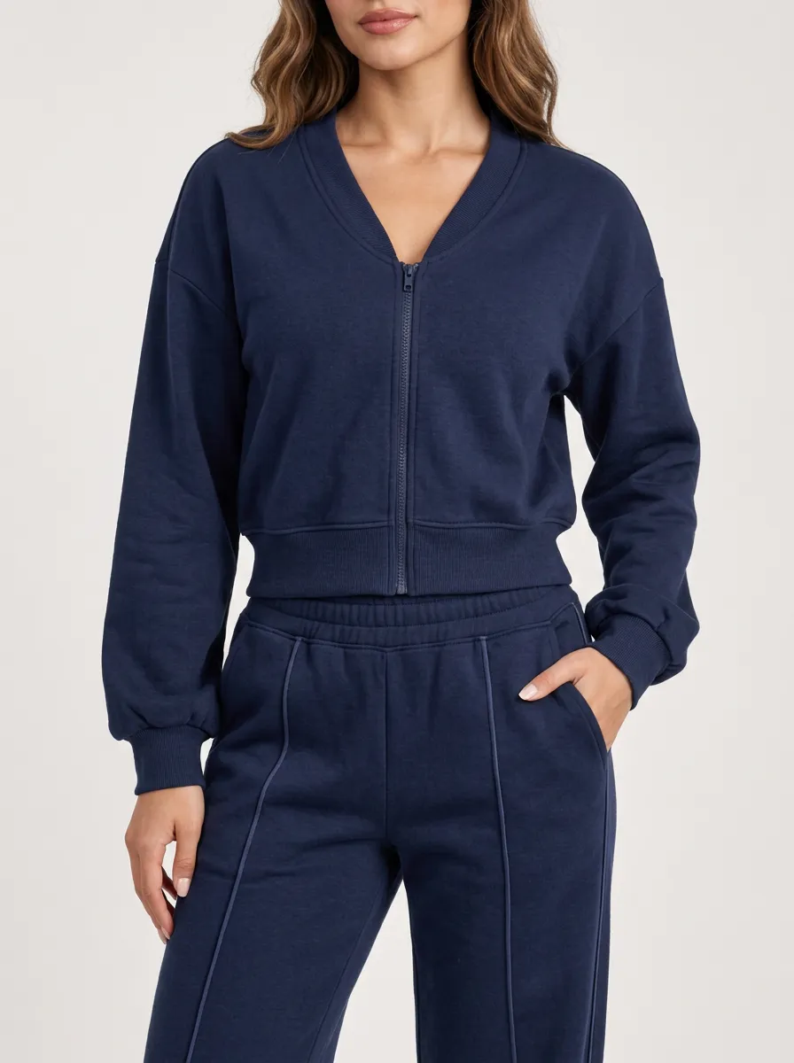 Leisure Ready Zip Front Cropped Relaxed Fit Women's Zip Up Lounge Two Piece Set