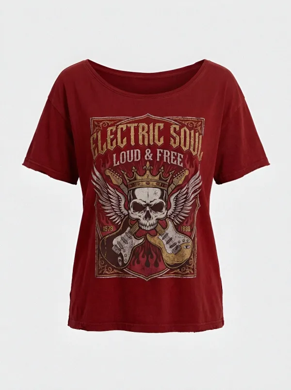 Women's Rock Music Lover Winged Skull Guitar Printed T-shirt
