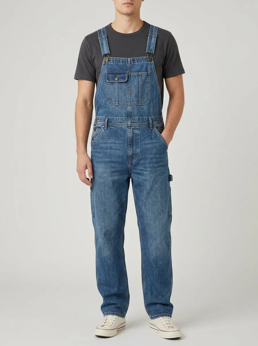 Men's Casual Vintage Blue Denim Bib Overalls
