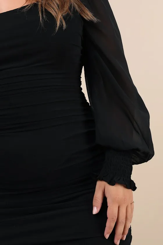 Perfect Sensation Dark Green Mesh Ruched Puff Sleeve Mini Dress