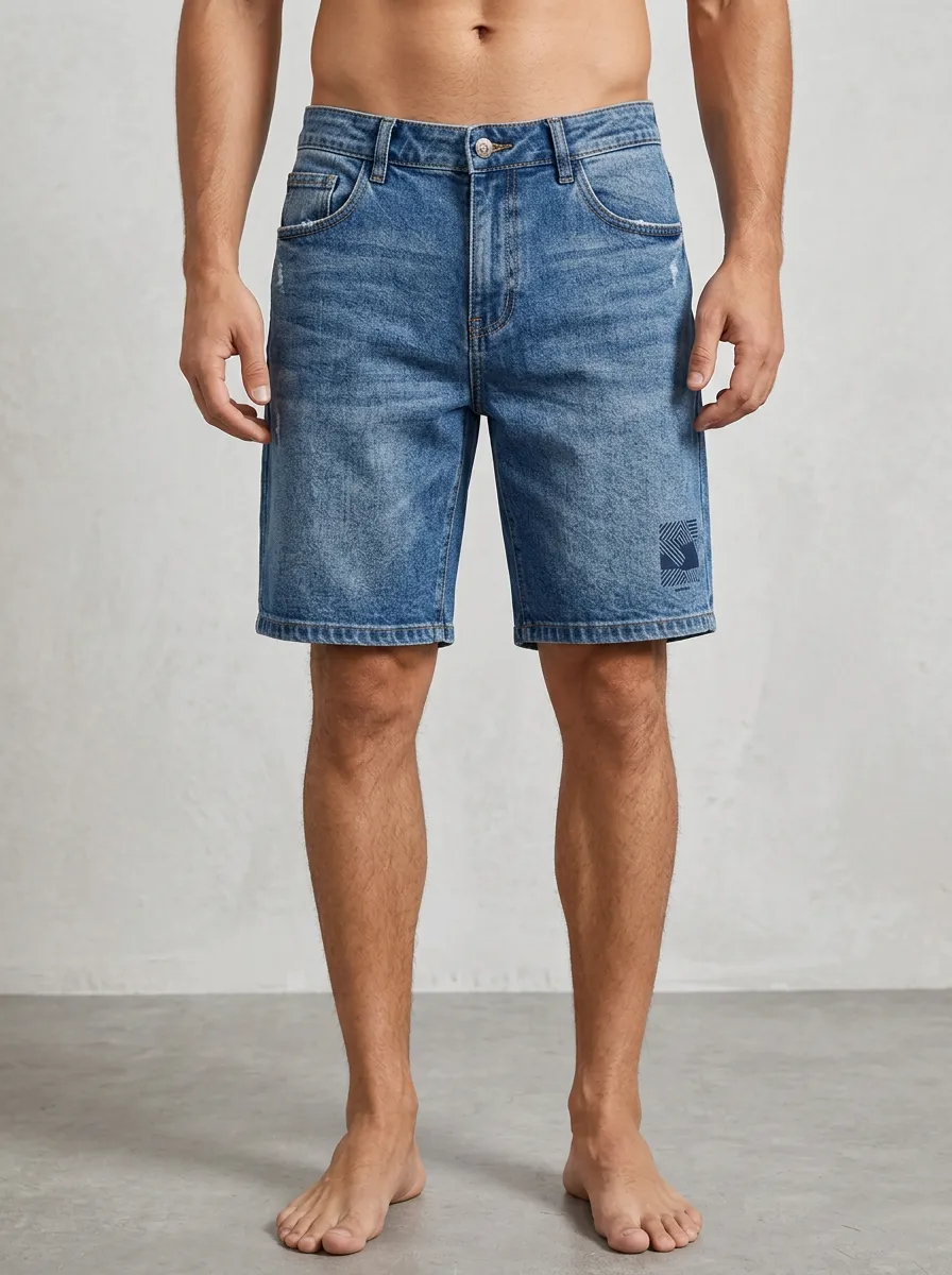 Men's Geometric Graphic Blue Denim Printed Shorts