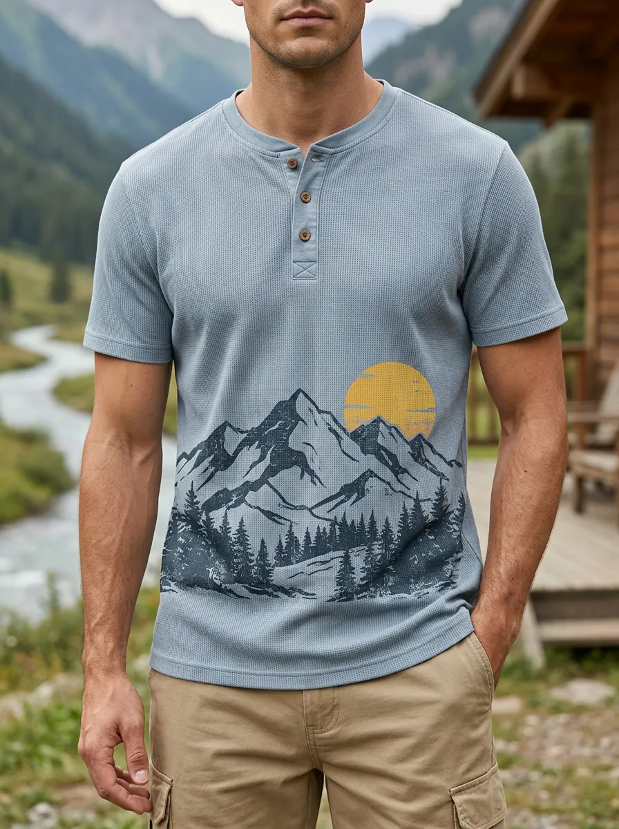 Men's Mountain Nature Lover Sunset Printed Henley T-shirt