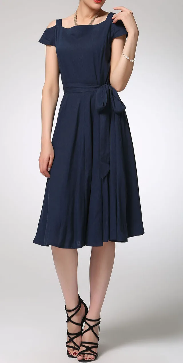 Linen Blend Pleated Short Sleeve Midi Dress