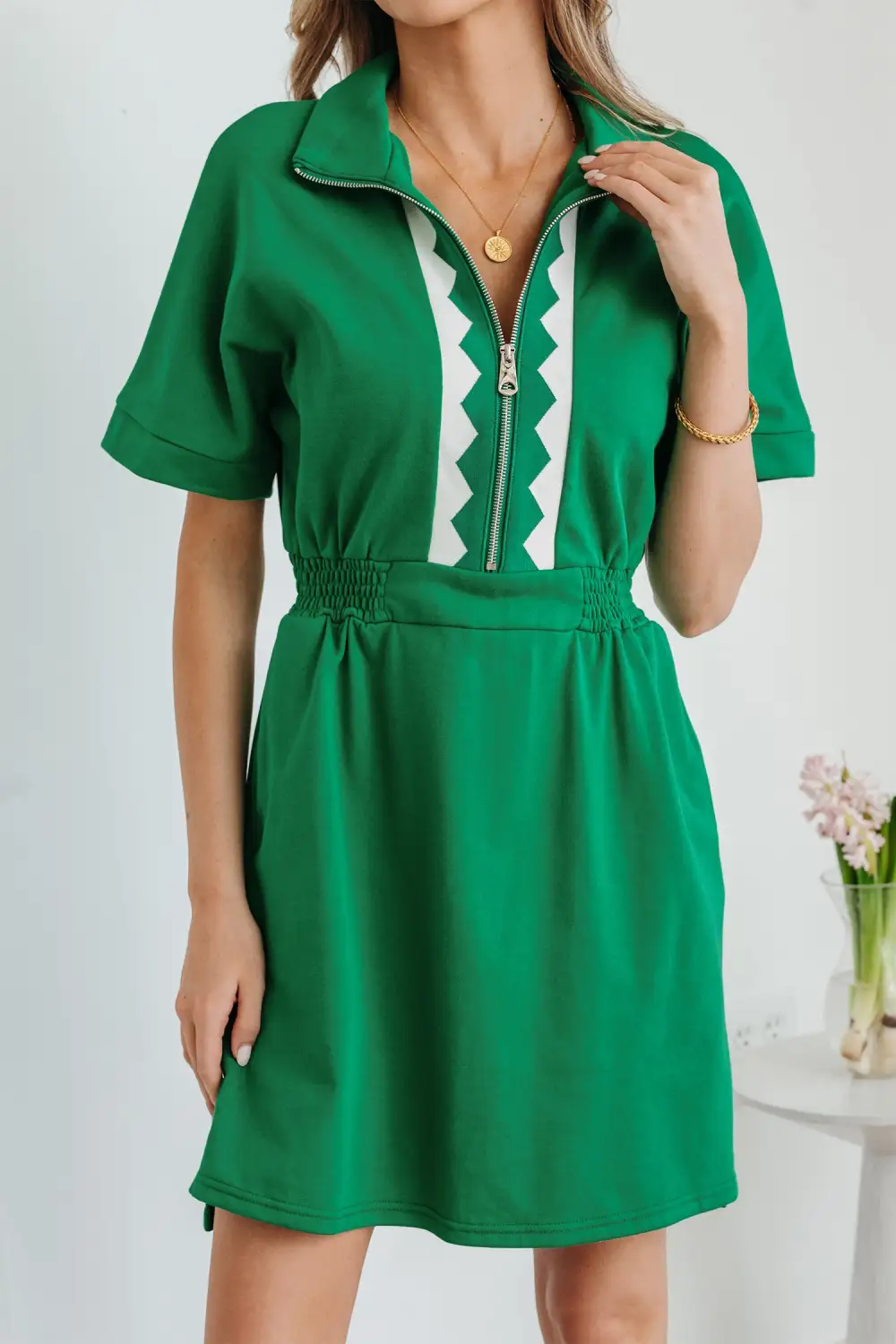 Patchwork Half Zip Front Mini Dress
