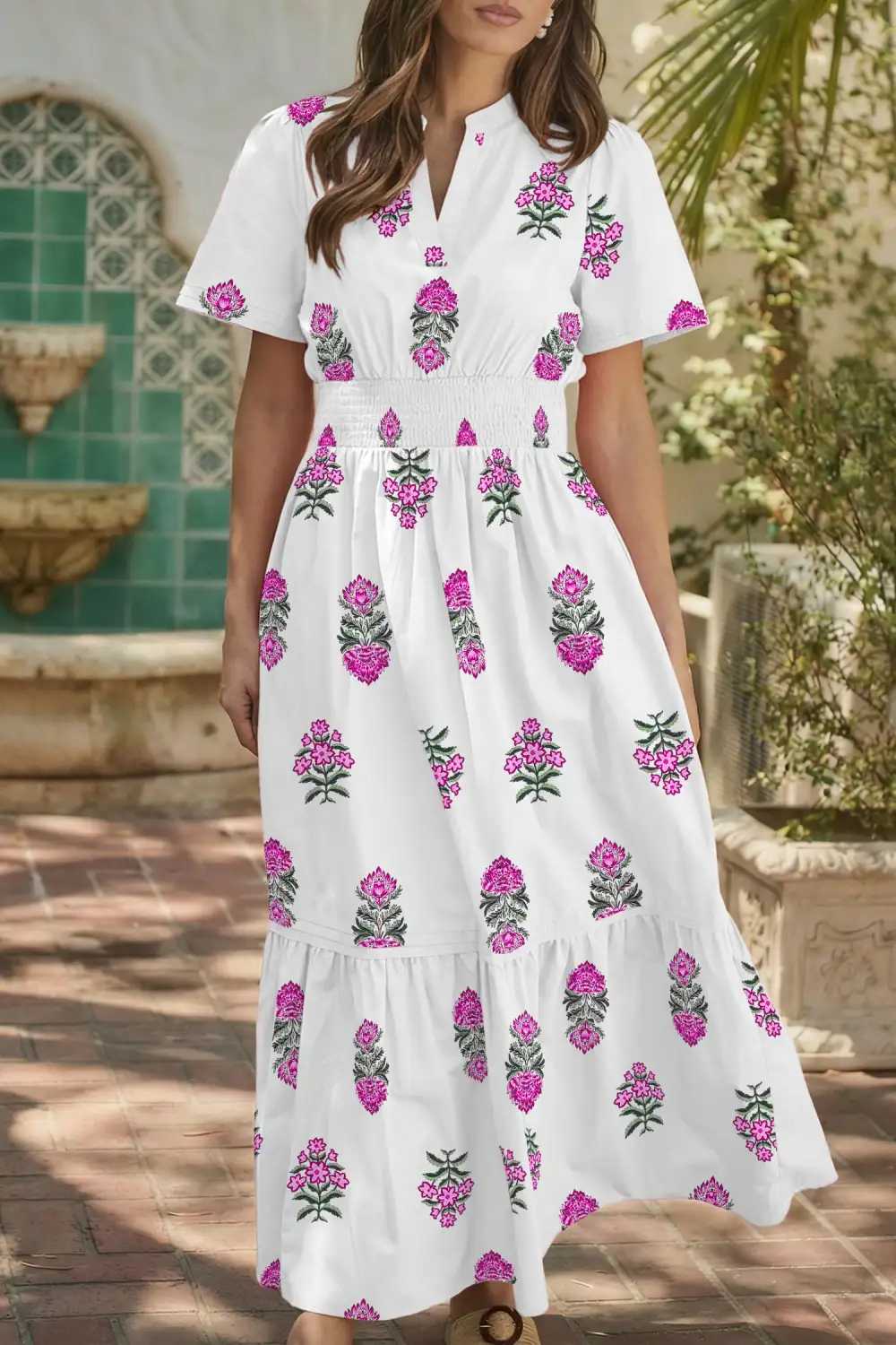 Polished Detail Floral Printed Split Neck Maxi Dress