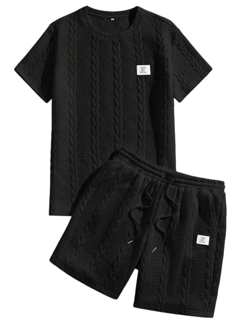 Men's Solid Textured Patched Tee & Drawstring Waist Shorts Set