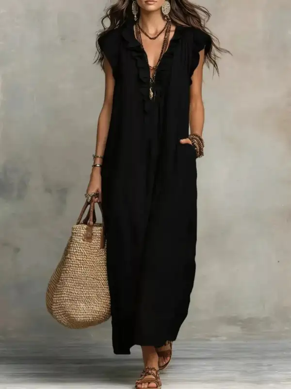 V-Neck Pocketed Maxi Dress