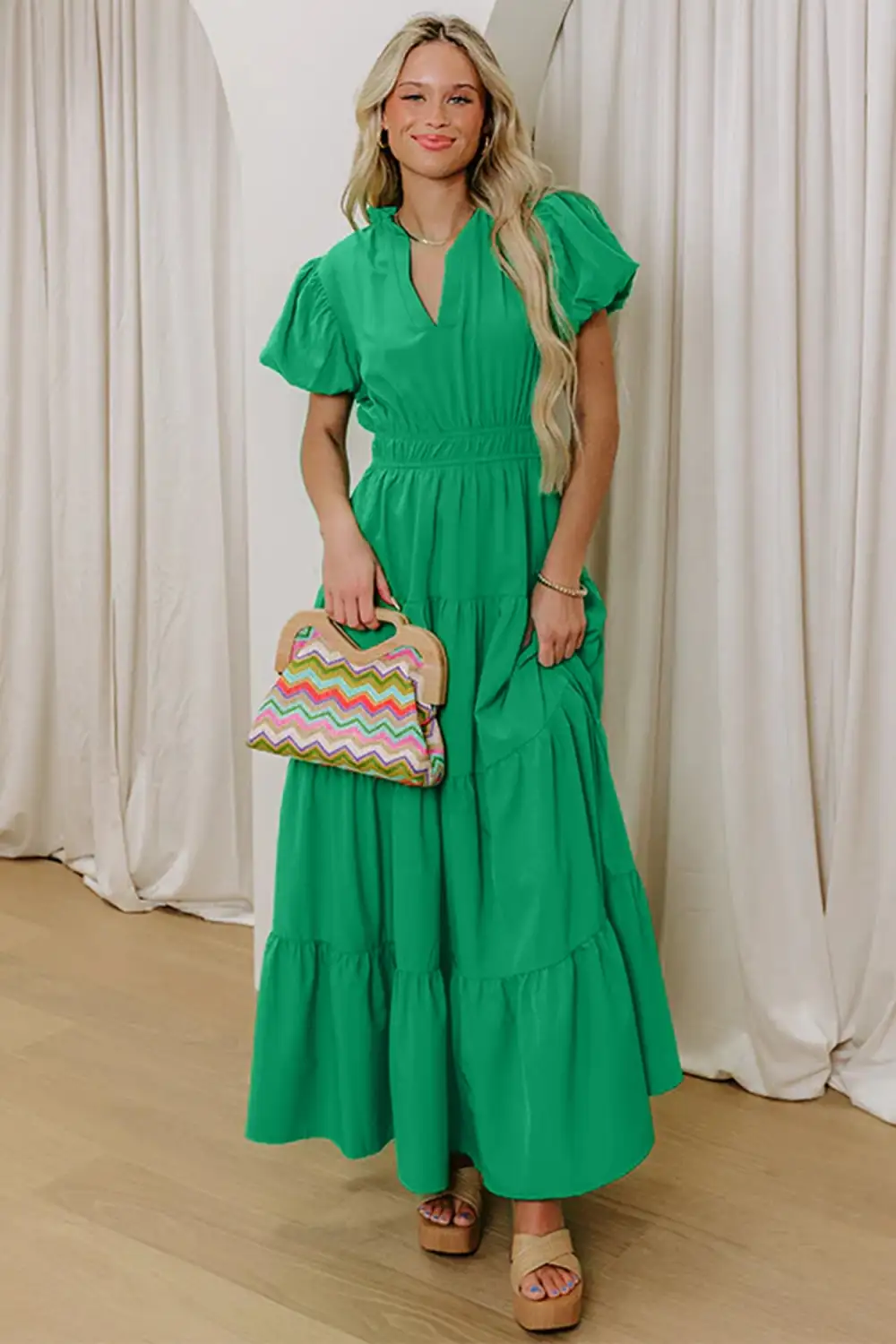 Drape V Neck Tiered Puff Sleeve Maxi Dress
