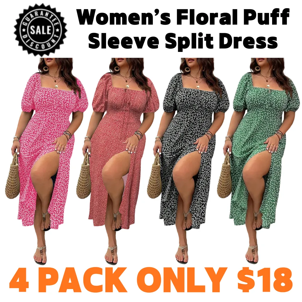 Women’s Ditsy Floral Puff Sleeve Split Dress Tie Front Summer Dress