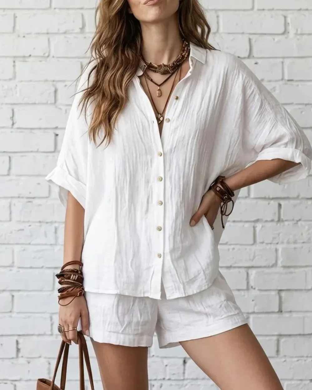 Button-Up Shirt and Wide-Leg Shorts Set