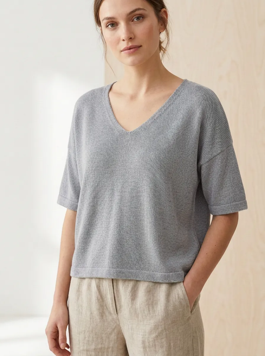 Women's V-Neck Textured Knit T-Shirt