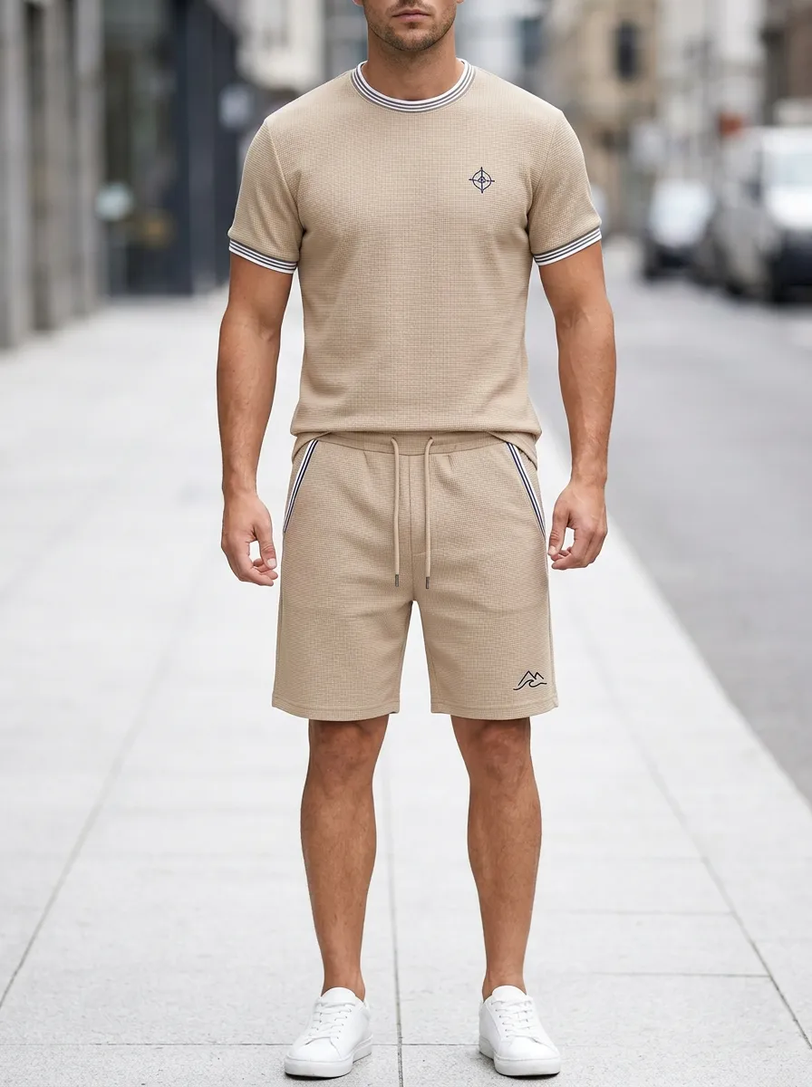 Everyday Waffle Texture Mountain Graphic Set Men's T-Shirt And Shorts Set