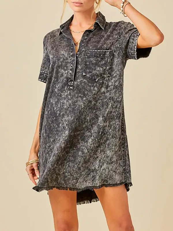A Line Relaxed Fringed Pleated Pocket Split Joint Lapel Mini Dress