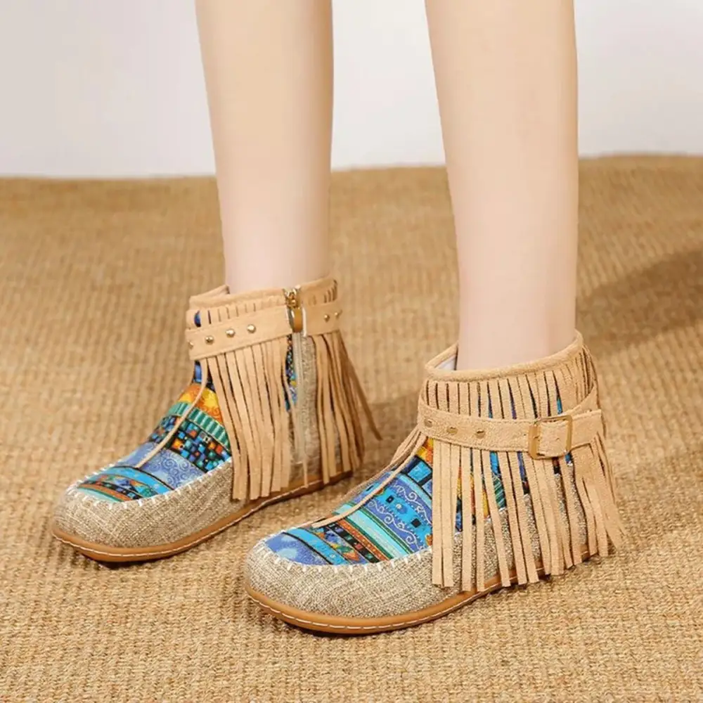 Fringe Side Zipper Ankle Boots
