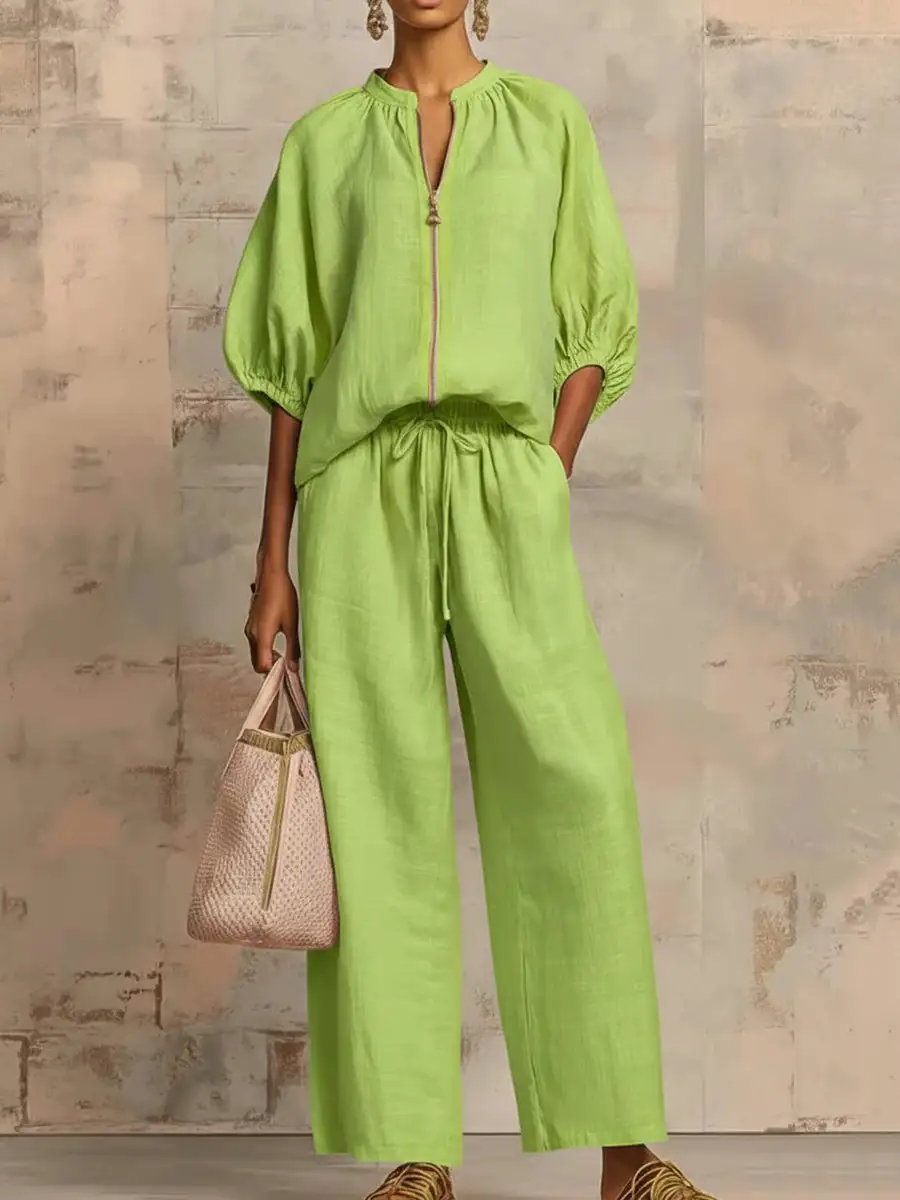 Half Sleeve Relaxed Drawstring Blouse And Pants Set