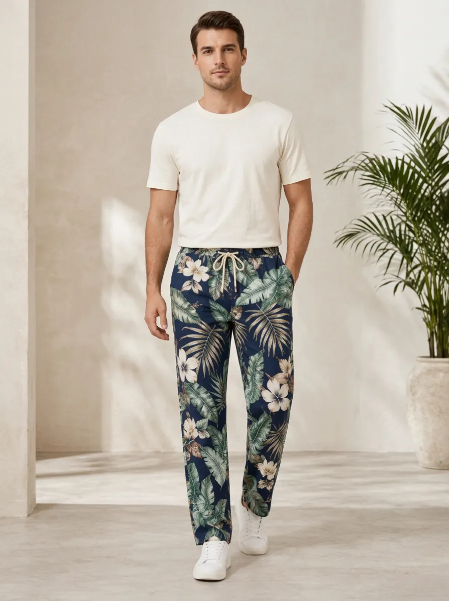 Men's Botanical Inspired Printed Hibiscus Leaf Pants