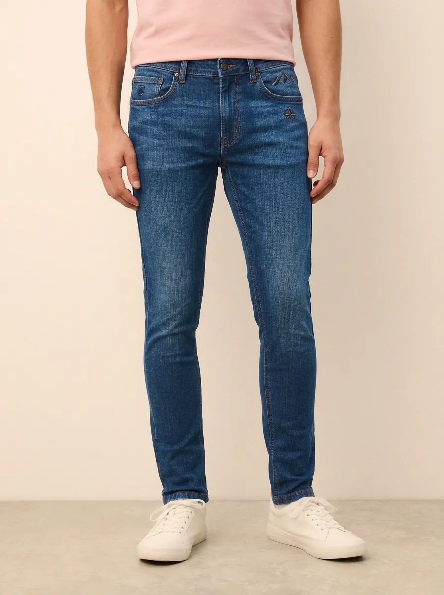Men's Classic Weekend Mountain Compass Embroidered Stretch Denim Jeans