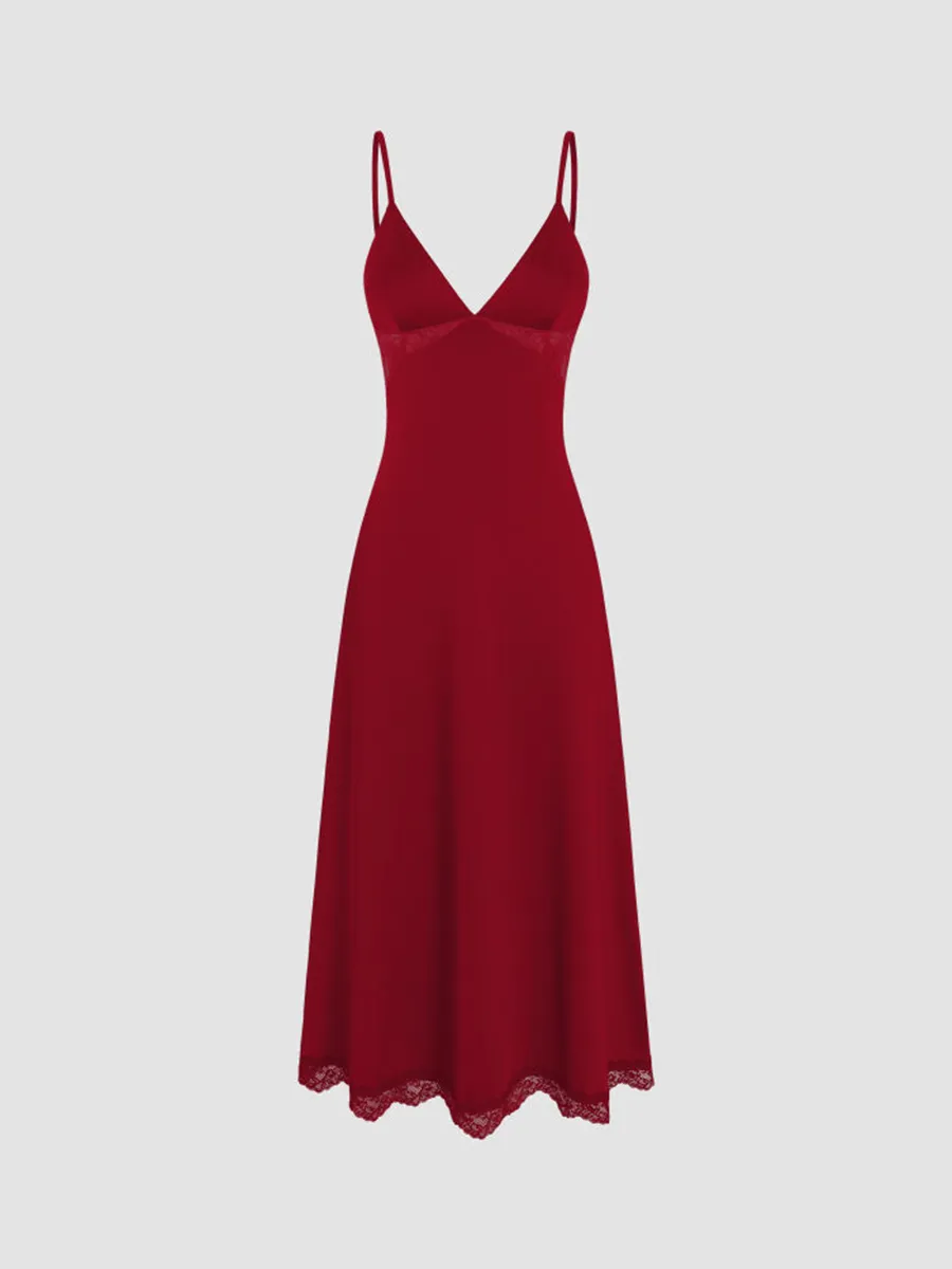 Lace Hem Satin V-Neck Midi Dress