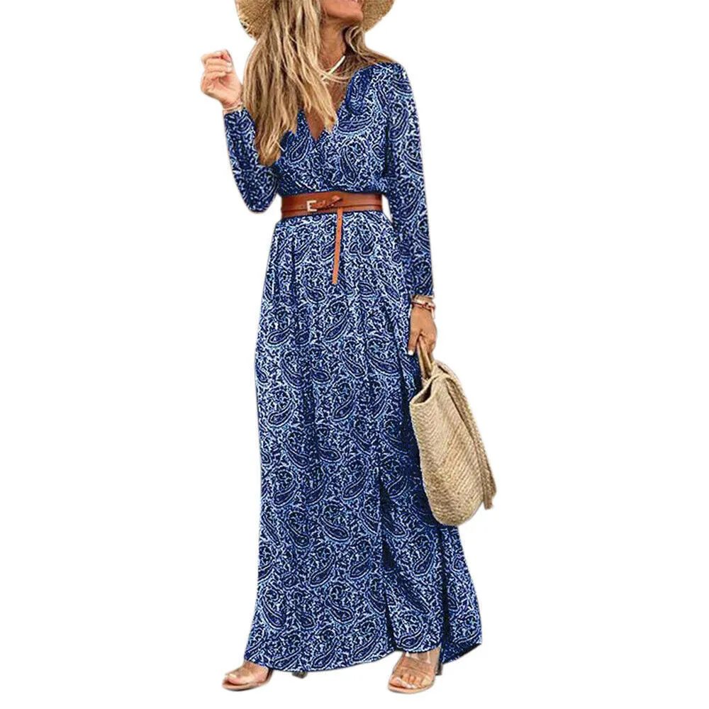 Women's Long-sleeved V-neck Bohemian Floral Dress Dresses Basic Model