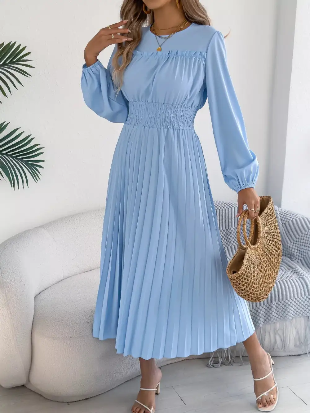 Pleated Smocked Long Sleeve Midi Dress