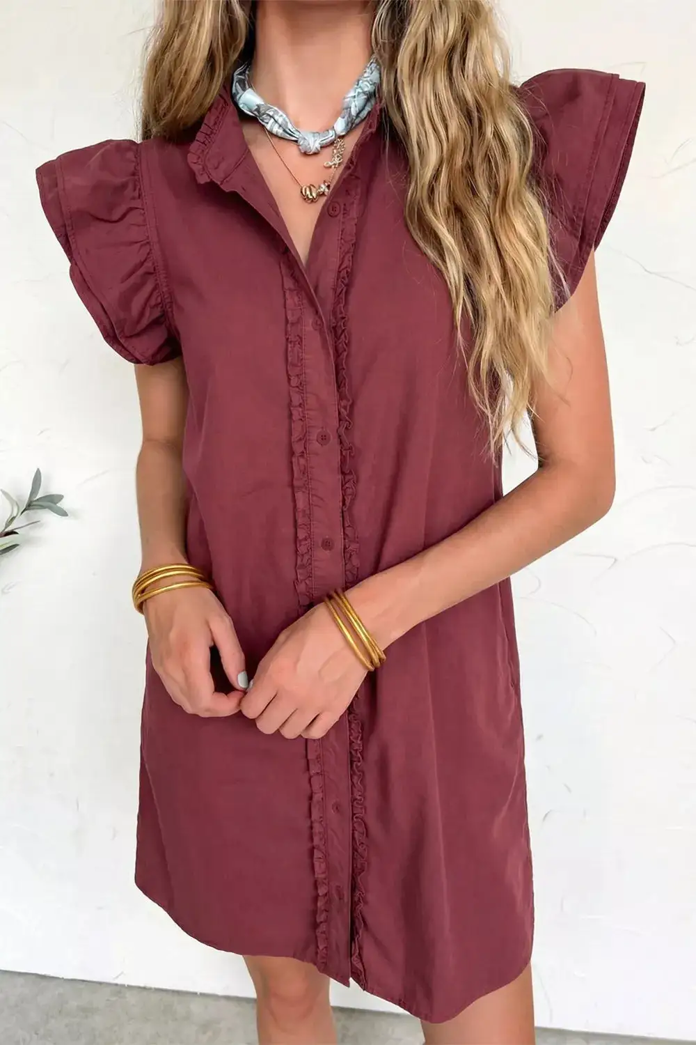 Denim Button Front Ruffle Mini Dress