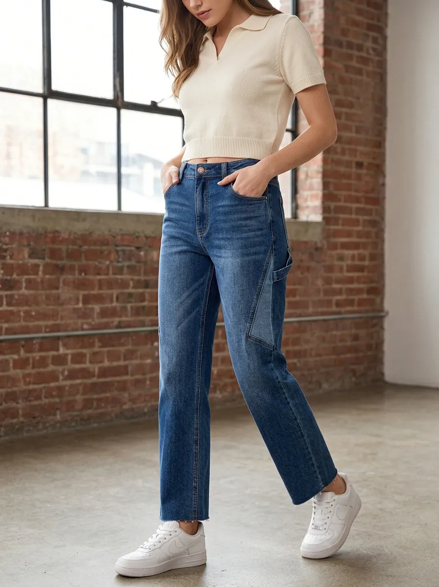 Women's Casual Fashion Patchwork Detail Denim Jeans
