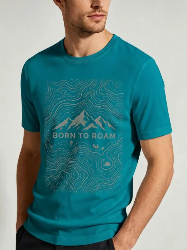 Men's Hiking Lover Born To Roam Mountain Topographic Printed T-shirt