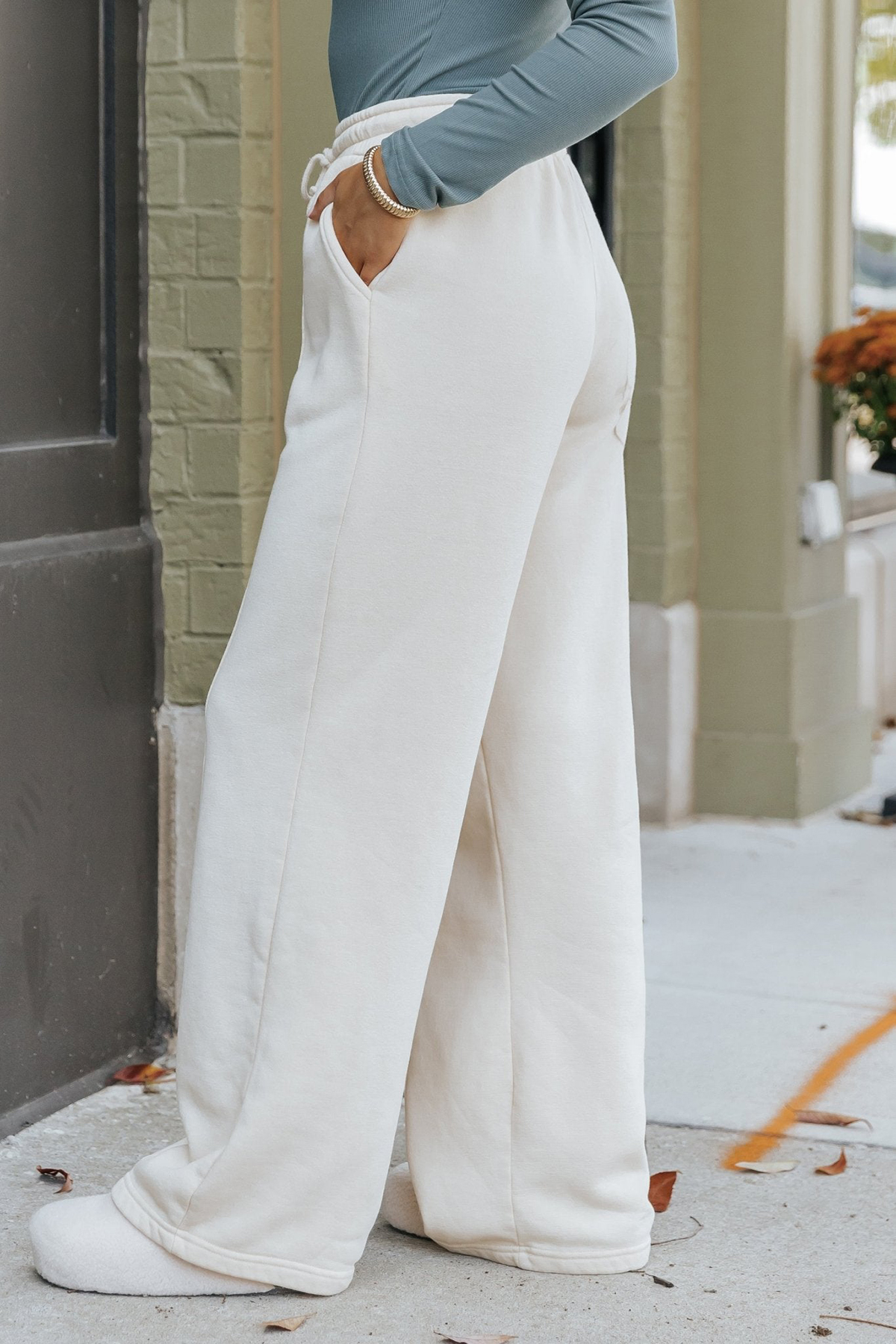 Cream Seam Detail Wide Leg Sweatpants