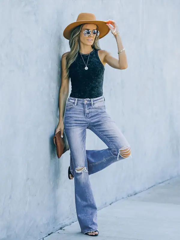 High Waist Flare Leg Ripped Denim Jeans