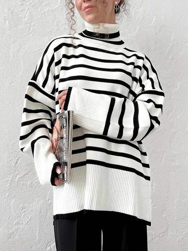 Striped High Low Split Hem Paneled High Neck Sweater