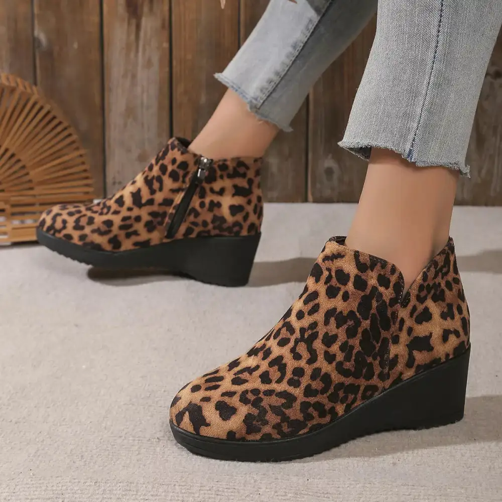 Textured Round Toe Wedge Ankle Boots
