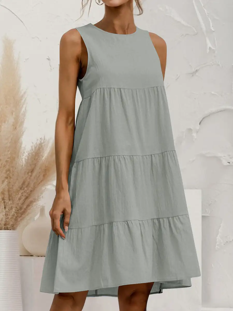 A Line Relaxed Pleated Solid Color Tiered Round Neck Mini Dress