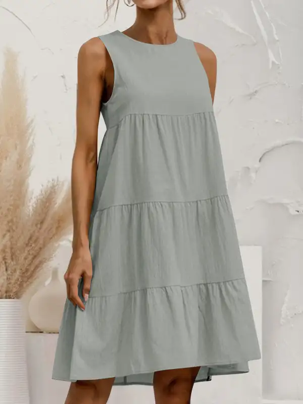 A Line Relaxed Pleated Solid Color Tiered Round Neck Mini Dress