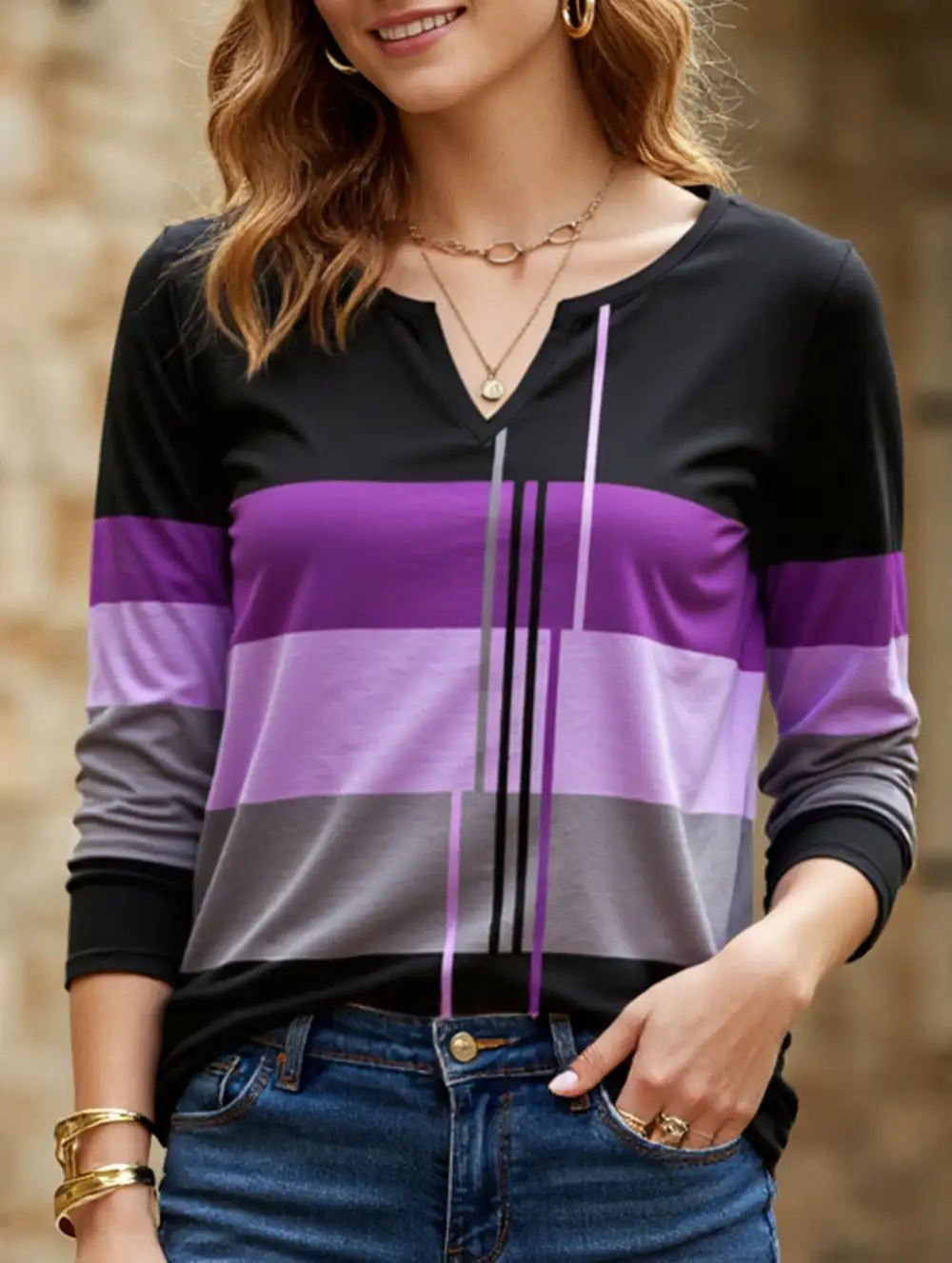 Round Neck Striped Long-Sleeved Tee