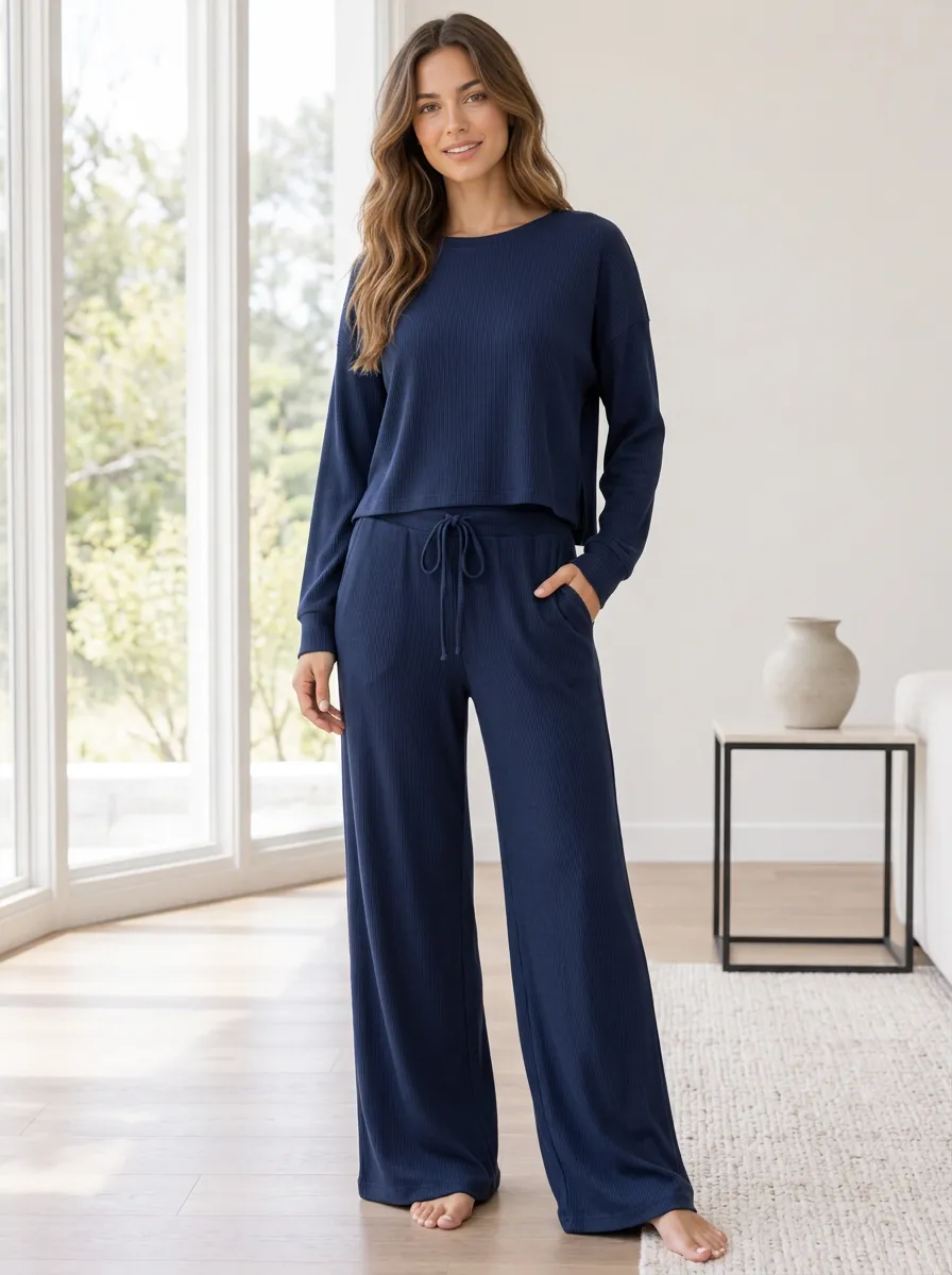 Easy Wear Lounge Women's Ribbed Wide Leg Relaxed Set