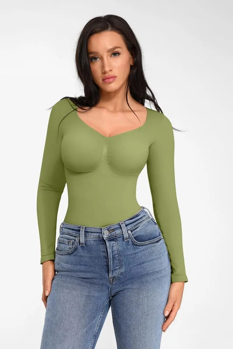 Women's Seamless Sculpt Long Sleeve Thong Comfortable Bodysuit for Tops and Underwear
