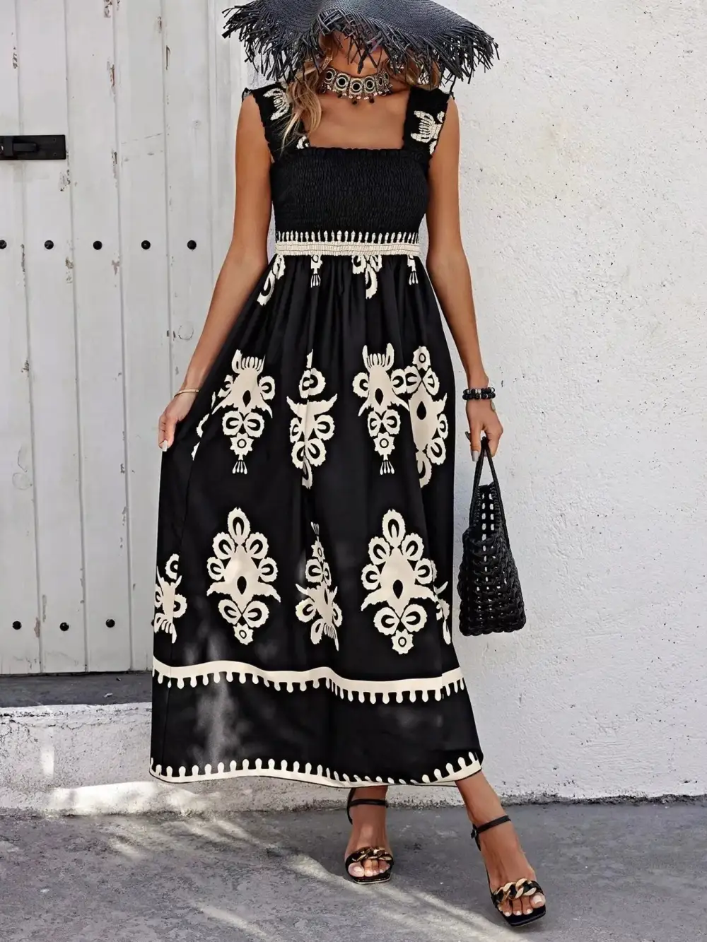 Printed Square Neck Smocked Maxi Dress