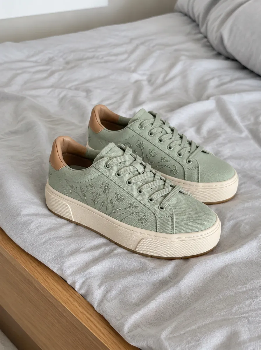 Women's Sage Green Floral Embroidered Canvas Platform Sneakers