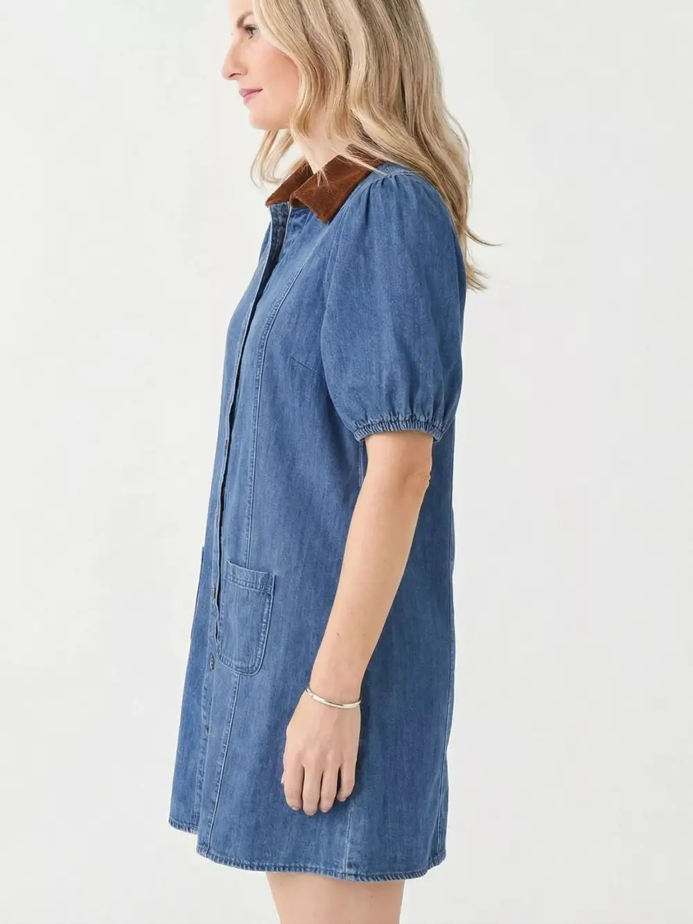 Drape Denim Button Front Short Sleeve Dress