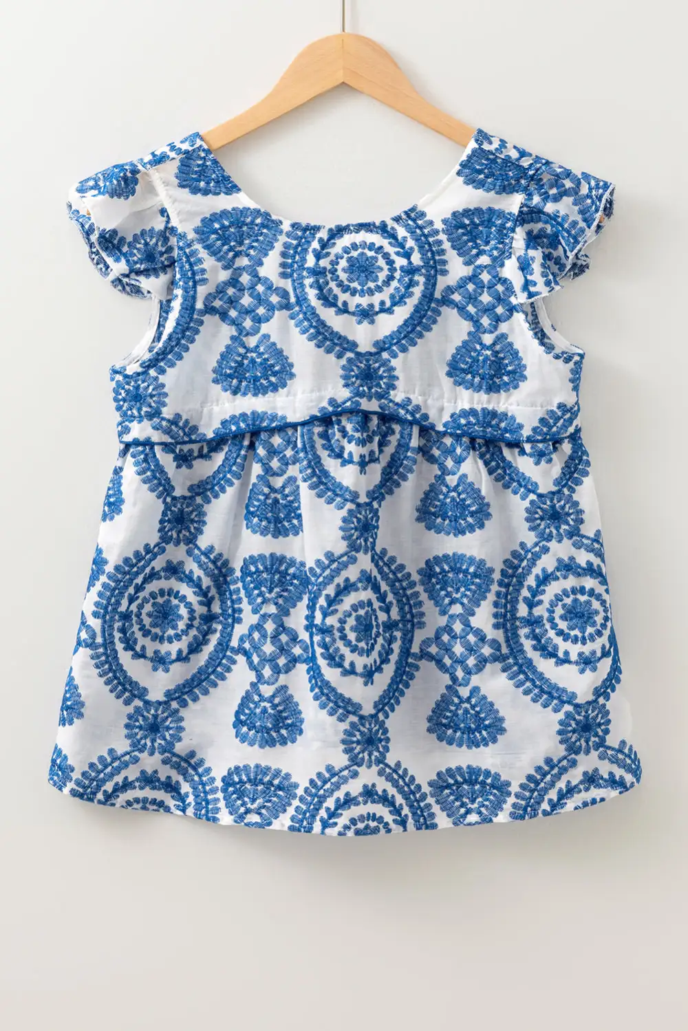 Blue Boho Print Flutter Sleeve Crew Neck Blouse