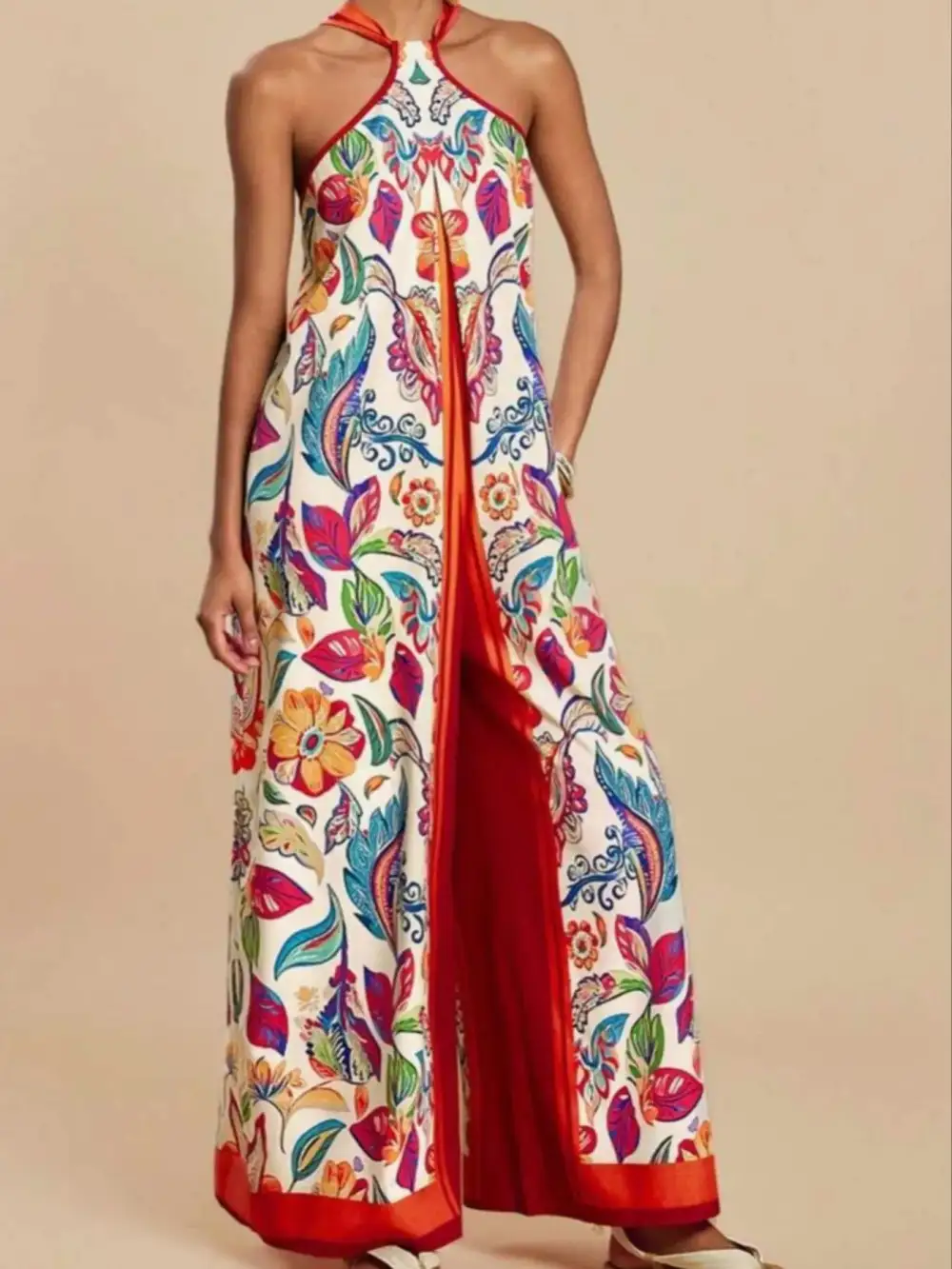 Printed Halter Wide Leg Jumpsuit