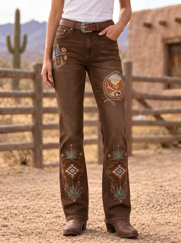 Women's Western Cowboy Horseshoe Horse Desert Landscape Jeans