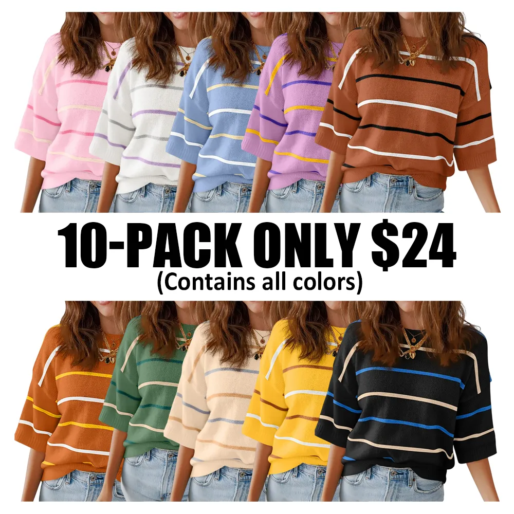 Women'S Short-Sleeved Striped Sweatshirt For Spring And Summer
