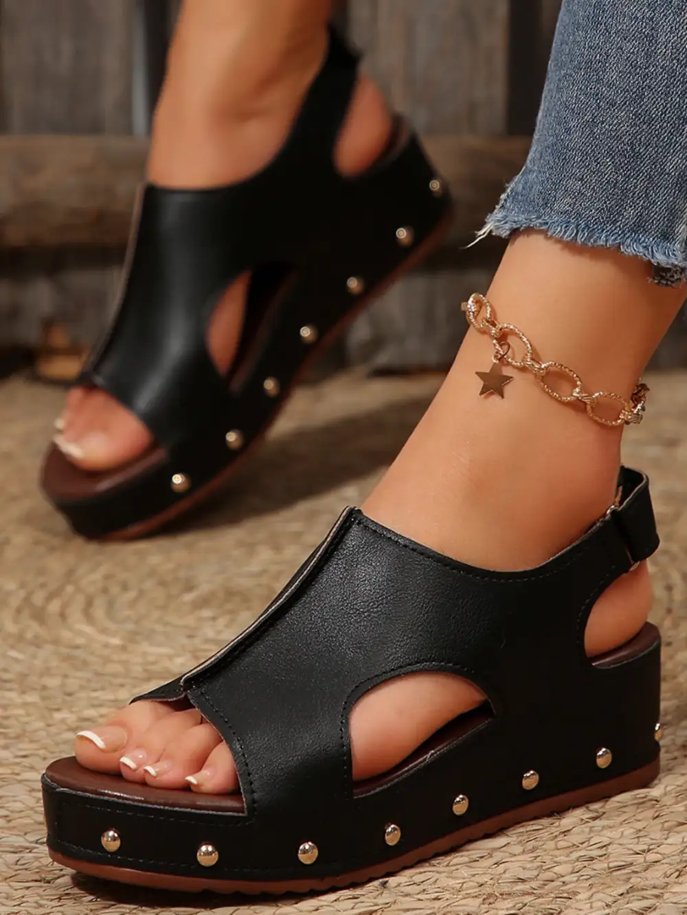 Pu Leather Studded Wedge Sandals