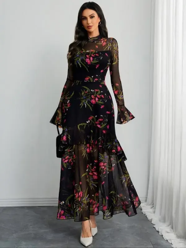 Women's Floral Print Dress, Elegant Gothic Long Sleeve Dress for Party Holiday Wedding Guest, Ladies Clothes for All Seasons
