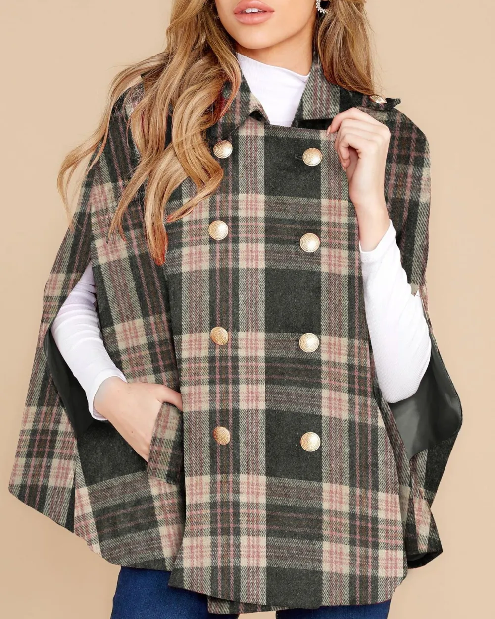 Pink Plaid Cloak Coat For Women